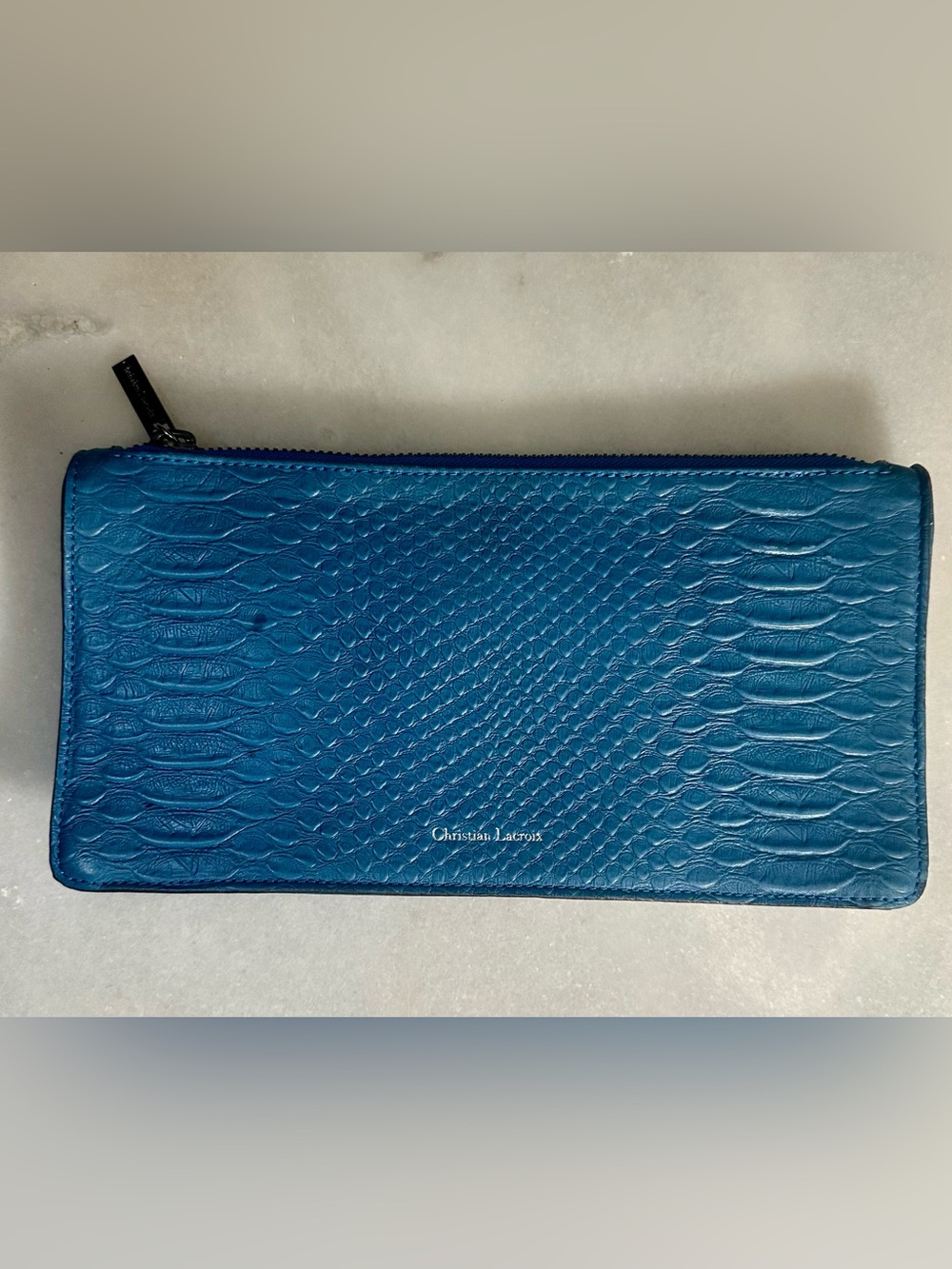 Christian Lacroix Genuine Leather Teal Blue Croc-Embossed Clutch Zip Pouch